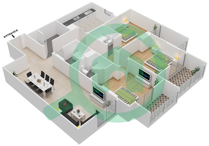 Джанаен Авеню - Апартамент 3 Cпальни планировка Единица измерения 406 A Floor 4 interactive3D