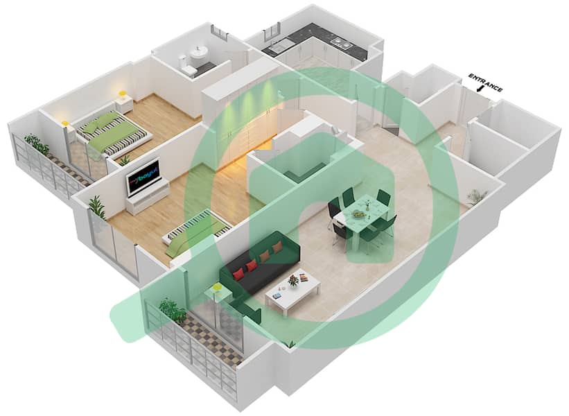 Джанаен Авеню - Апартамент 2 Cпальни планировка Единица измерения 404 A Floor 4 interactive3D