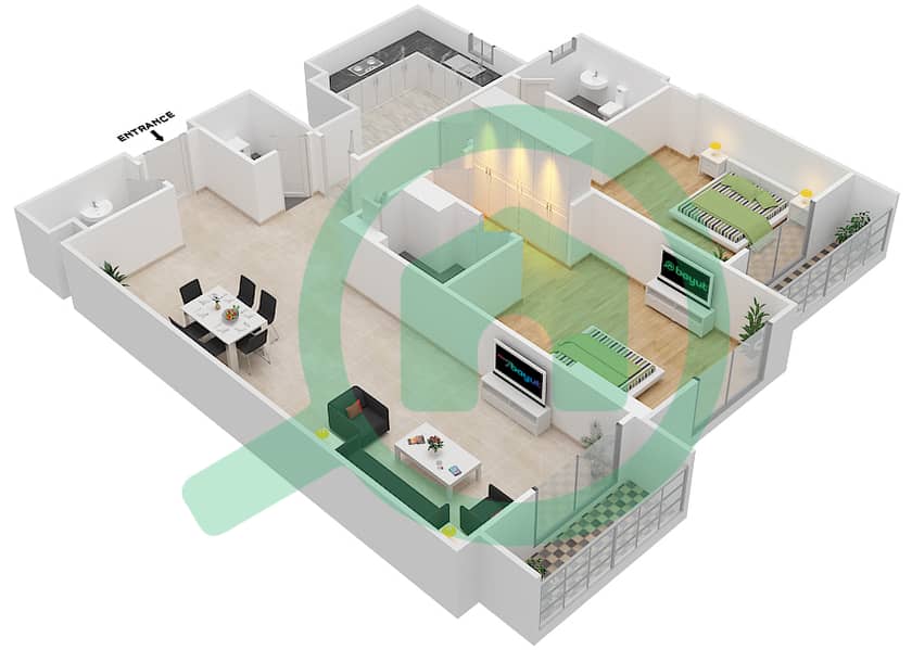 Джанаен Авеню - Апартамент 2 Cпальни планировка Единица измерения 410 A Floor 4 interactive3D