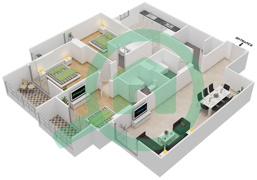 Джанаен Авеню - Апартамент 3 Cпальни планировка Единица измерения 412 A Floor 4 interactive3D
