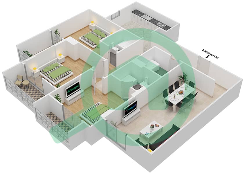 المخططات الطابقية لتصميم الوحدة 405 A شقة 3 غرف نوم - جناين أفينيو Floor 4 interactive3D