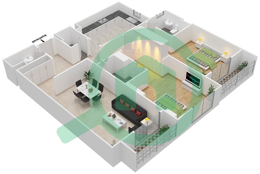 المخططات الطابقية لتصميم الوحدة 403 A شقة 2 غرفة نوم - جناين أفينيو Floor 4 interactive3D