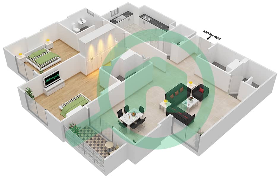 المخططات الطابقية لتصميم الوحدة 401 A شقة 2 غرفة نوم - جناين أفينيو Floor 4 interactive3D