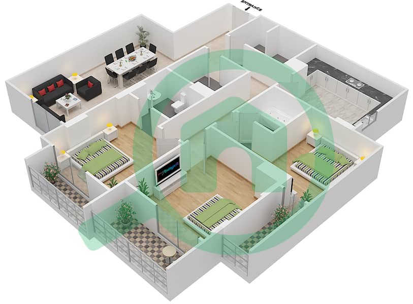 المخططات الطابقية لتصميم الوحدة 411 A شقة 3 غرف نوم - جناين أفينيو Floor 4 interactive3D