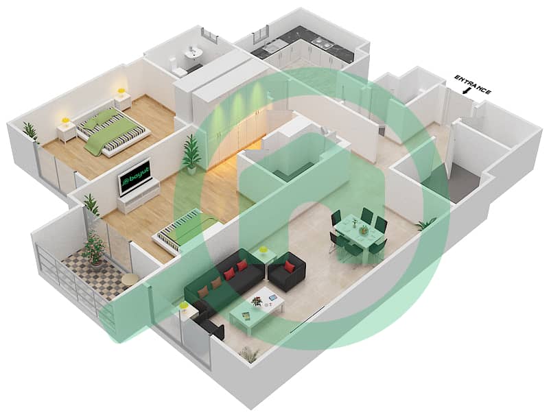 المخططات الطابقية لتصميم الوحدة 304 A شقة 2 غرفة نوم - جناين أفينيو Floor 3 interactive3D