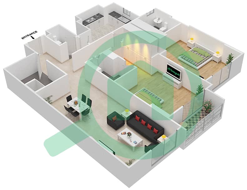 المخططات الطابقية لتصميم الوحدة 302 A شقة 2 غرفة نوم - جناين أفينيو Floor 3 interactive3D