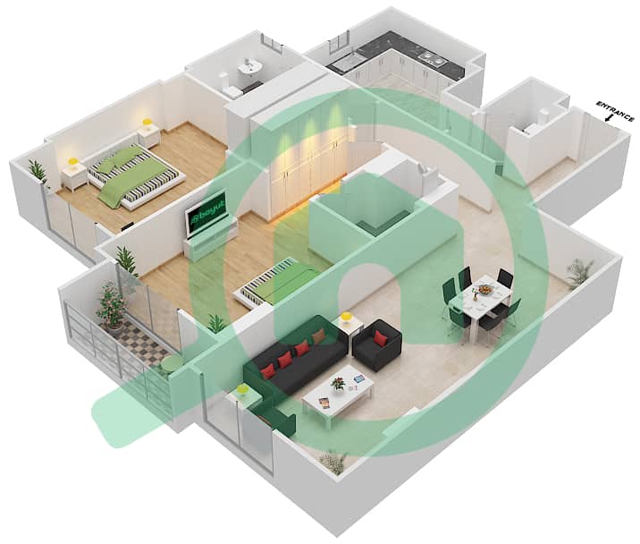 杰纳恩大道 - 2 卧室公寓单位308 A戶型图 Floor 3 interactive3D