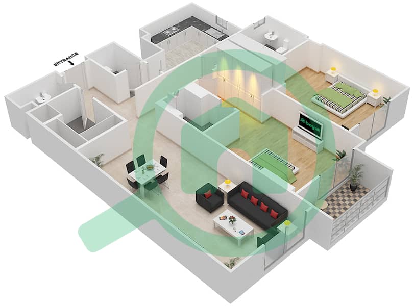 المخططات الطابقية لتصميم الوحدة 310 A شقة 2 غرفة نوم - جناين أفينيو Floor 3 interactive3D