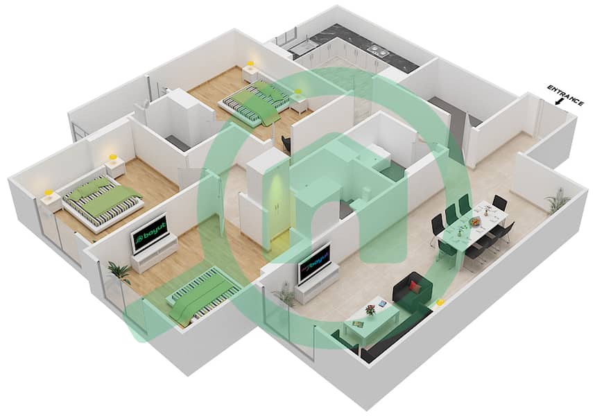 المخططات الطابقية لتصميم الوحدة 312 A شقة 3 غرف نوم - جناين أفينيو Floor 3 interactive3D