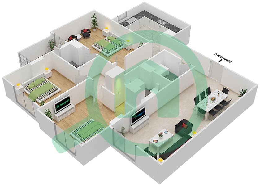 المخططات الطابقية لتصميم الوحدة 305 A شقة 3 غرف نوم - جناين أفينيو Floor 3 interactive3D