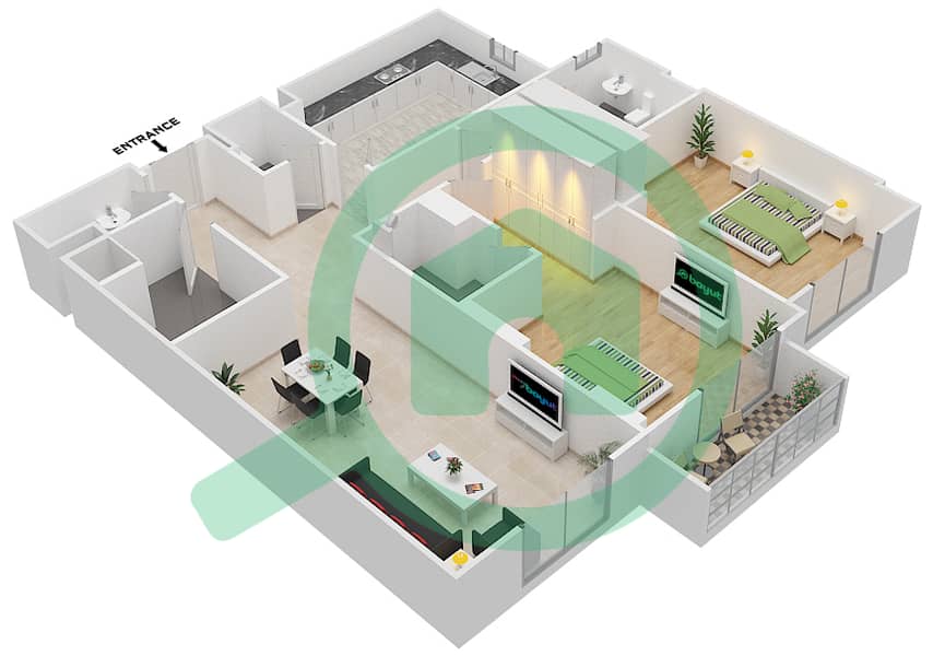 Джанаен Авеню - Апартамент 2 Cпальни планировка Единица измерения 303 A Floor 3 interactive3D