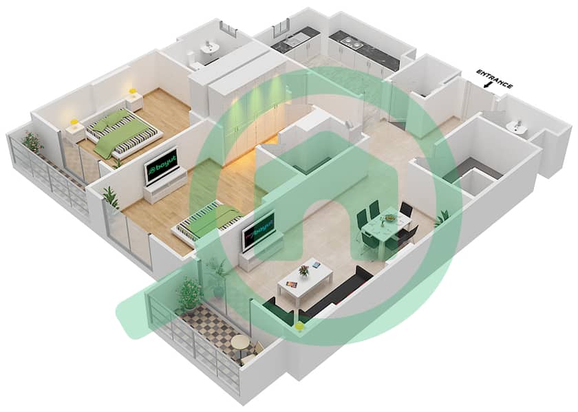 杰纳恩大道 - 2 卧室公寓单位301 A戶型图 Floor 3 interactive3D