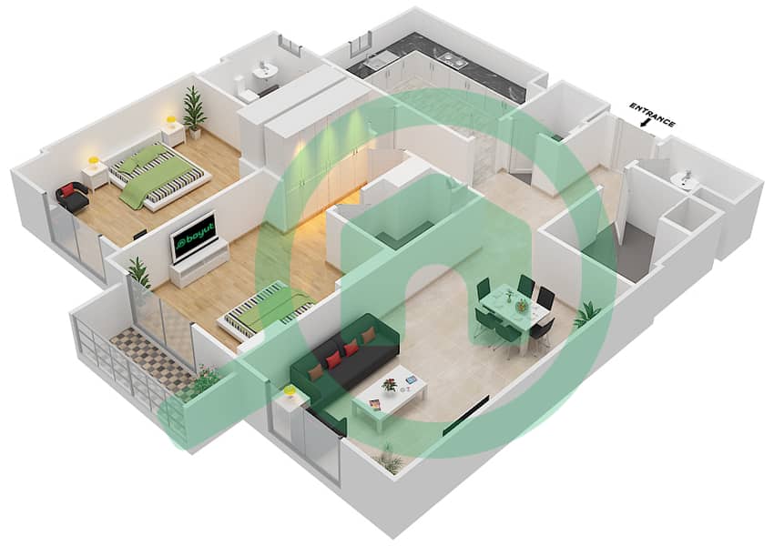 Джанаен Авеню - Апартамент 2 Cпальни планировка Единица измерения 309 A Floor 3 interactive3D