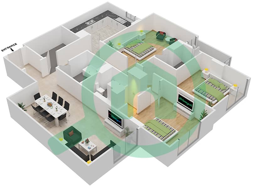 杰纳恩大道 - 3 卧室公寓单位311 A戶型图 Floor 3 interactive3D