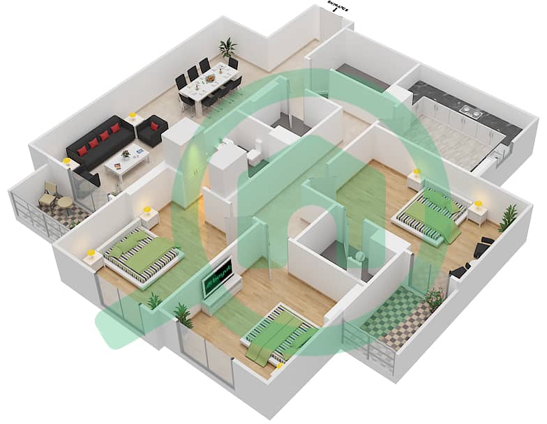 Джанаен Авеню - Апартамент 3 Cпальни планировка Единица измерения 206 A Floor 2 interactive3D