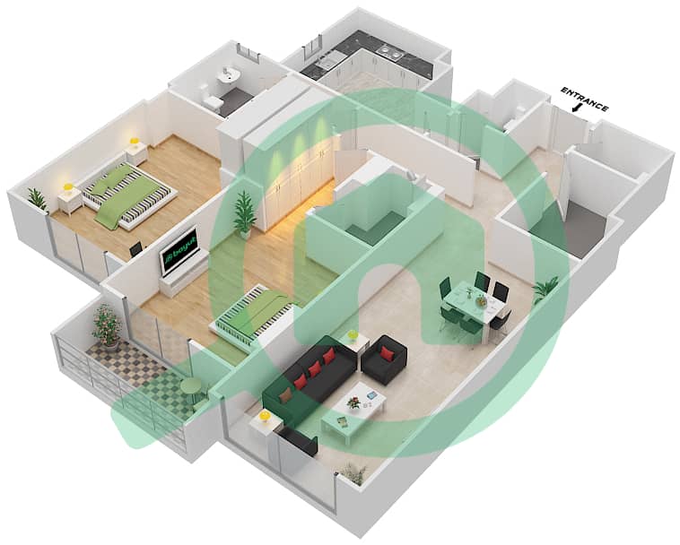 المخططات الطابقية لتصميم الوحدة 204 A شقة 2 غرفة نوم - جناين أفينيو Floor 2 interactive3D
