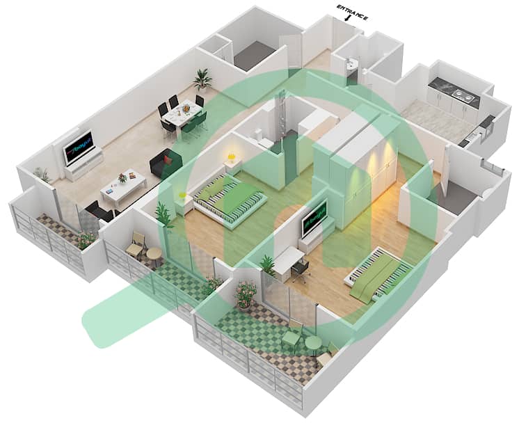 杰纳恩大道 - 2 卧室公寓单位202 A戶型图 Floor 2 interactive3D