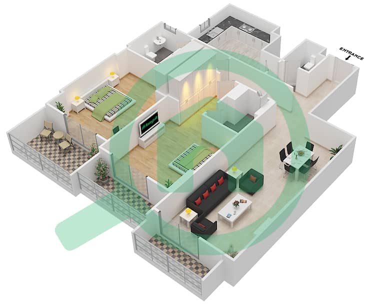 المخططات الطابقية لتصميم الوحدة 208 A شقة 2 غرفة نوم - جناين أفينيو Floor 2 interactive3D