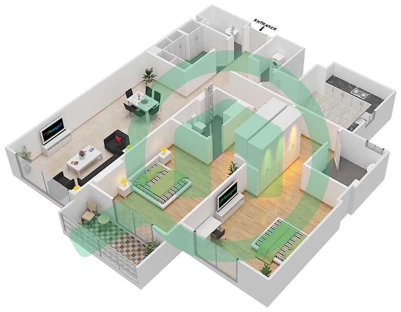 Джанаен Авеню - Апартамент 2 Cпальни планировка Единица измерения 210 A Flooor 2 interactive3D