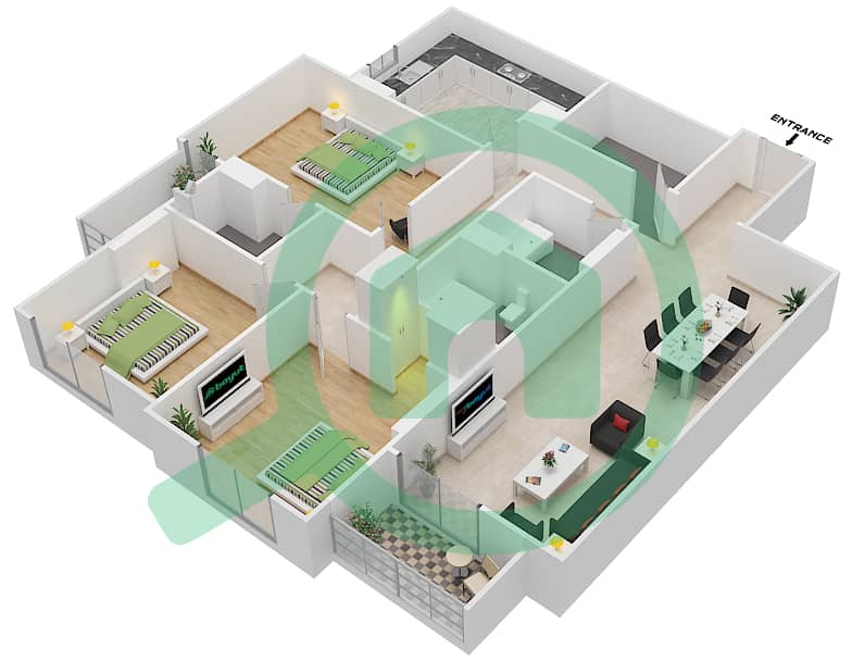 المخططات الطابقية لتصميم الوحدة 212 A شقة 3 غرف نوم - جناين أفينيو Floor 2 interactive3D