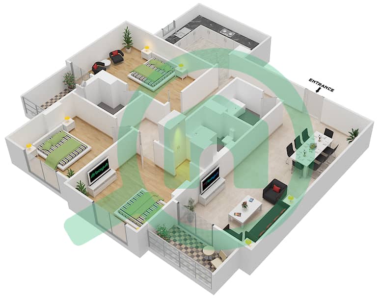 杰纳恩大道 - 3 卧室公寓单位205 A戶型图 Floor 2 interactive3D