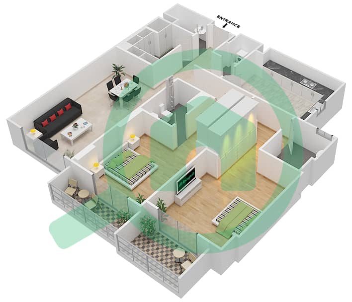 杰纳恩大道 - 2 卧室公寓单位203 A戶型图 Floor 2 interactive3D