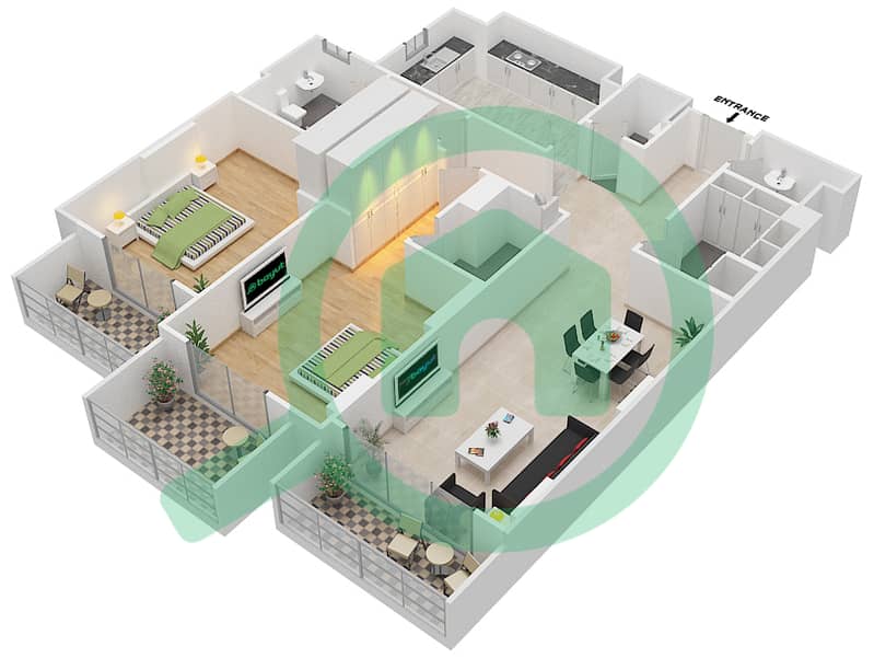 杰纳恩大道 - 2 卧室公寓单位201 A戶型图 Floor 2 interactive3D