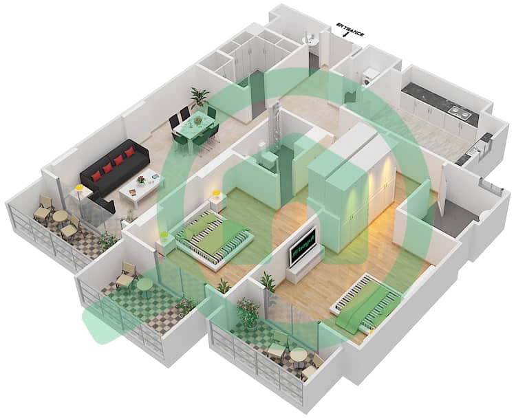 Джанаен Авеню - Апартамент 2 Cпальни планировка Единица измерения 207 A Floor 2 interactive3D
