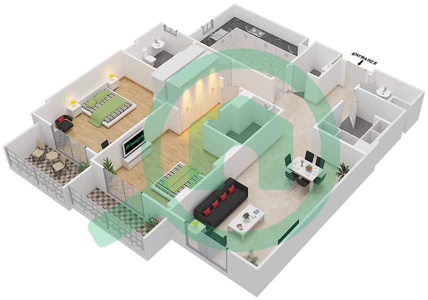 المخططات الطابقية لتصميم الوحدة 209 A شقة 2 غرفة نوم - جناين أفينيو Floor 2 interactive3D