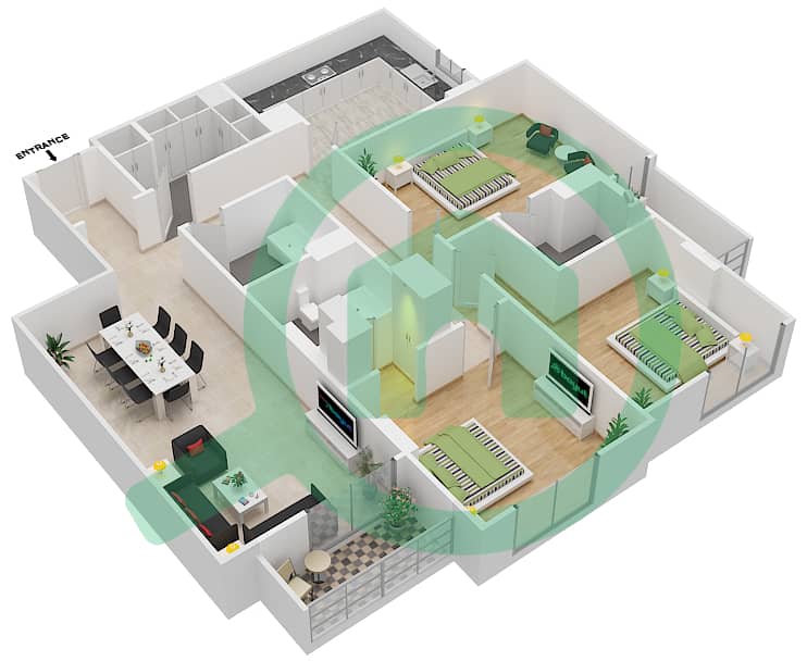 المخططات الطابقية لتصميم الوحدة 211 A شقة 3 غرف نوم - جناين أفينيو Floor 2 interactive3D