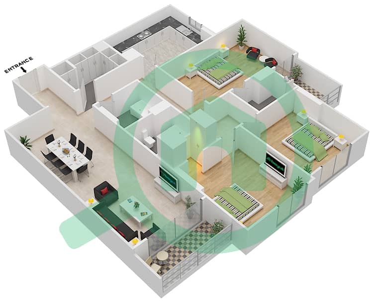 Джанаен Авеню - Апартамент 3 Cпальни планировка Единица измерения 106 A Floor 1 interactive3D