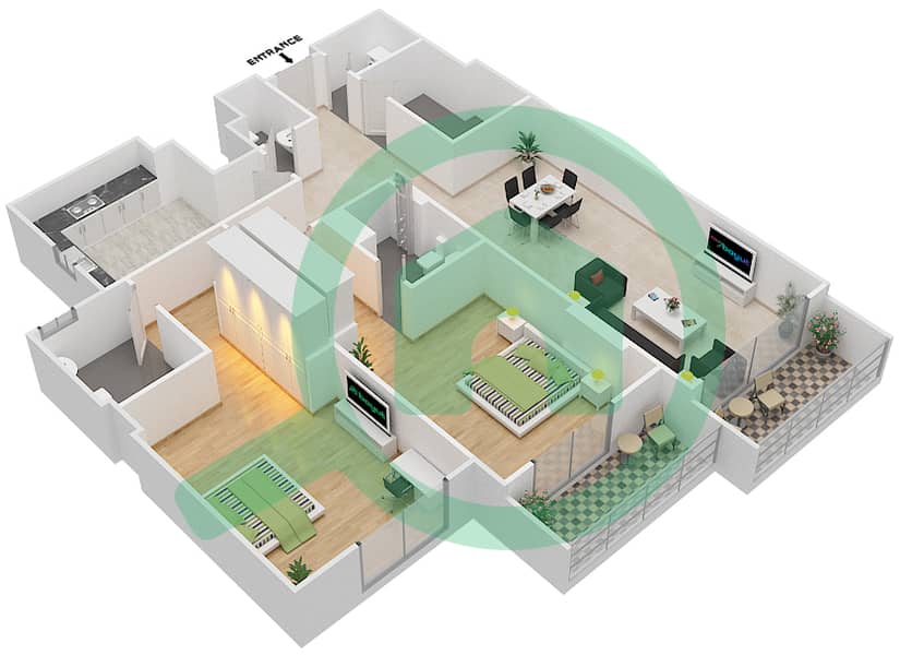 Джанаен Авеню - Апартамент 2 Cпальни планировка Единица измерения 104 A Floor 1 interactive3D
