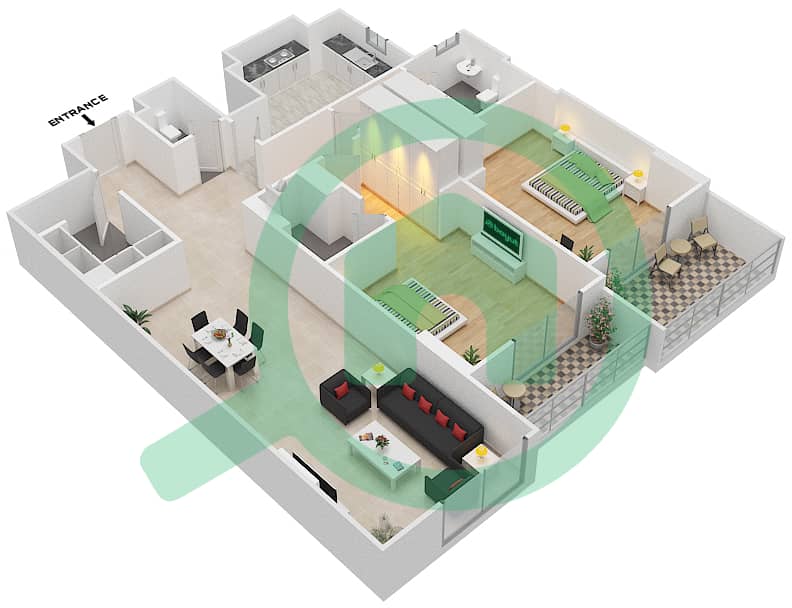 杰纳恩大道 - 2 卧室公寓单位102 A戶型图 Floor 1 interactive3D