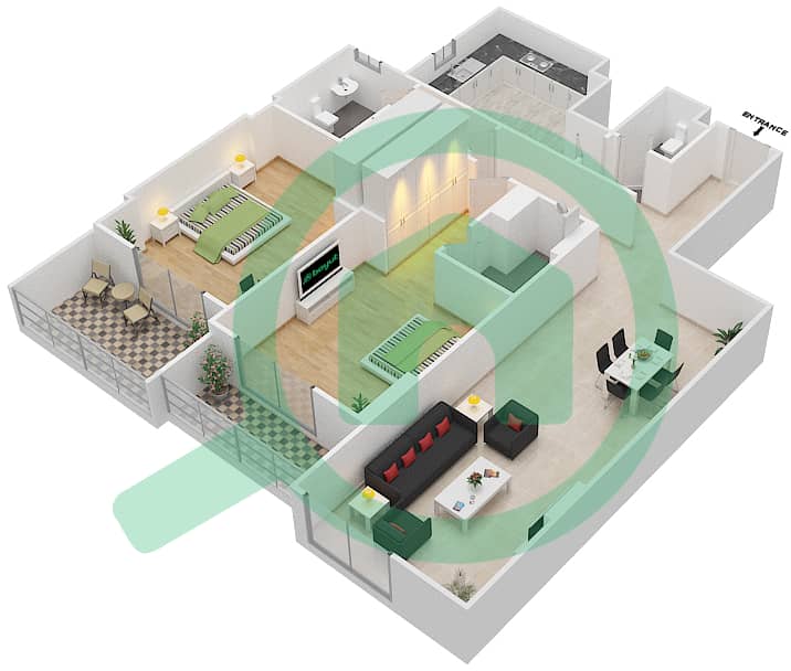 杰纳恩大道 - 2 卧室公寓单位108 A戶型图 Floor 1 interactive3D