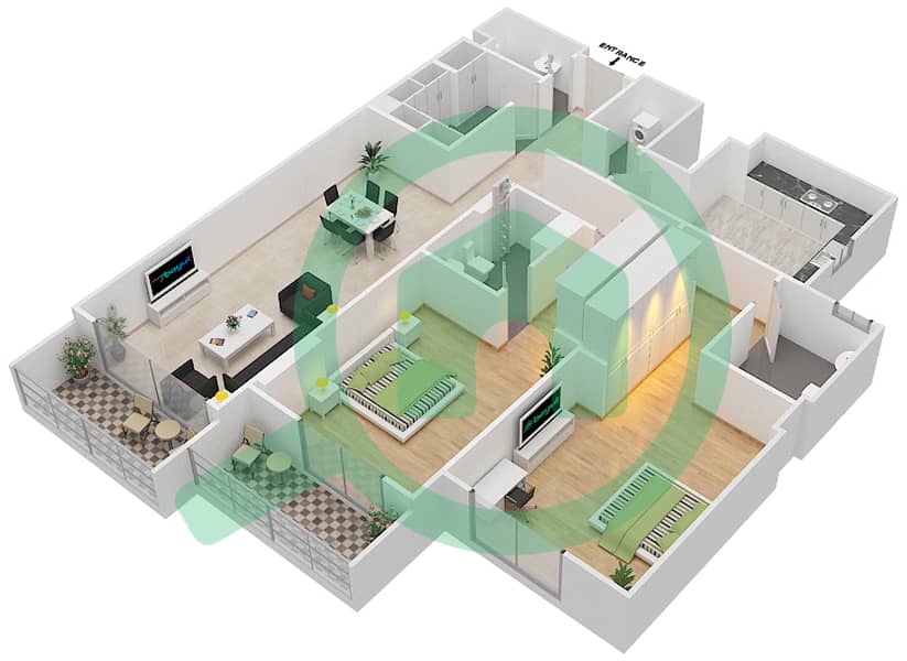 杰纳恩大道 - 2 卧室公寓单位110 A戶型图 Floor 1 interactive3D