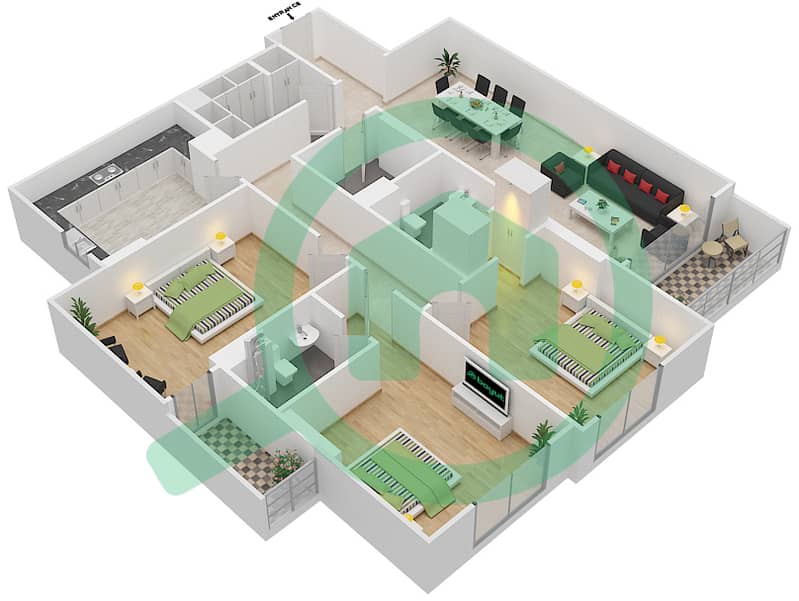 Джанаен Авеню - Апартамент 3 Cпальни планировка Единица измерения 112 A Floor 1 interactive3D