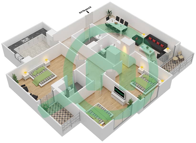 المخططات الطابقية لتصميم الوحدة 105 A شقة 3 غرف نوم - جناين أفينيو Floor 1 interactive3D
