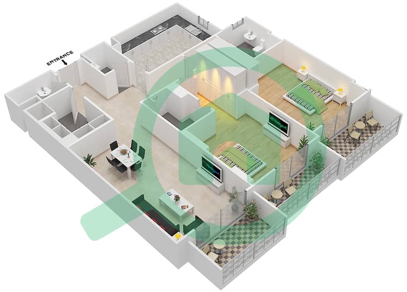 杰纳恩大道 - 2 卧室公寓单位103 A戶型图 Floor 1 interactive3D