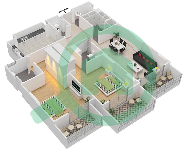 المخططات الطابقية لتصميم الوحدة 101 A شقة 2 غرفة نوم - جناين أفينيو Floor 1 interactive3D
