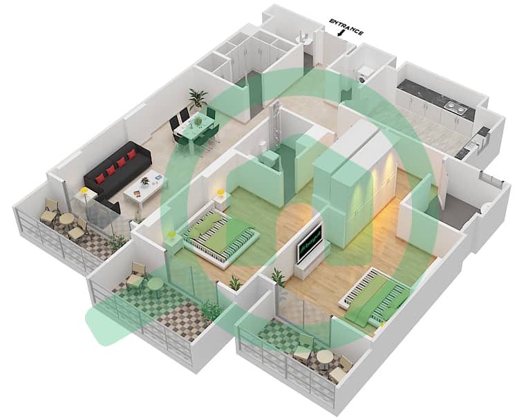 المخططات الطابقية لتصميم الوحدة 107 A شقة 2 غرفة نوم - جناين أفينيو Floor 1 interactive3D