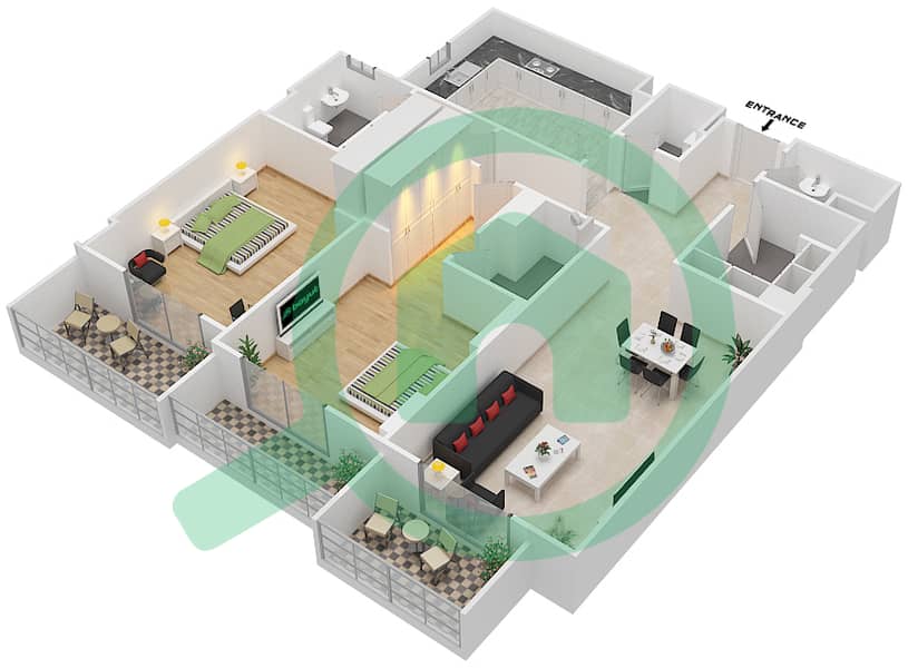 المخططات الطابقية لتصميم الوحدة 109 A شقة 2 غرفة نوم - جناين أفينيو Floor 1 interactive3D