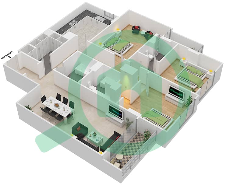 杰纳恩大道 - 3 卧室公寓单位111A戶型图 Floor 1 interactive3D