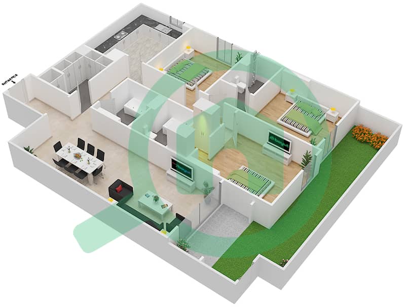 المخططات الطابقية لتصميم الوحدة 6 A شقة 3 غرف نوم - جناين أفينيو Ground Floor interactive3D