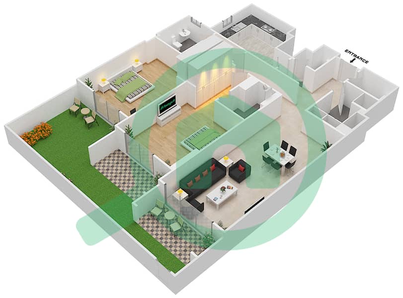 المخططات الطابقية لتصميم الوحدة 4 A شقة 2 غرفة نوم - جناين أفينيو Ground Floor interactive3D