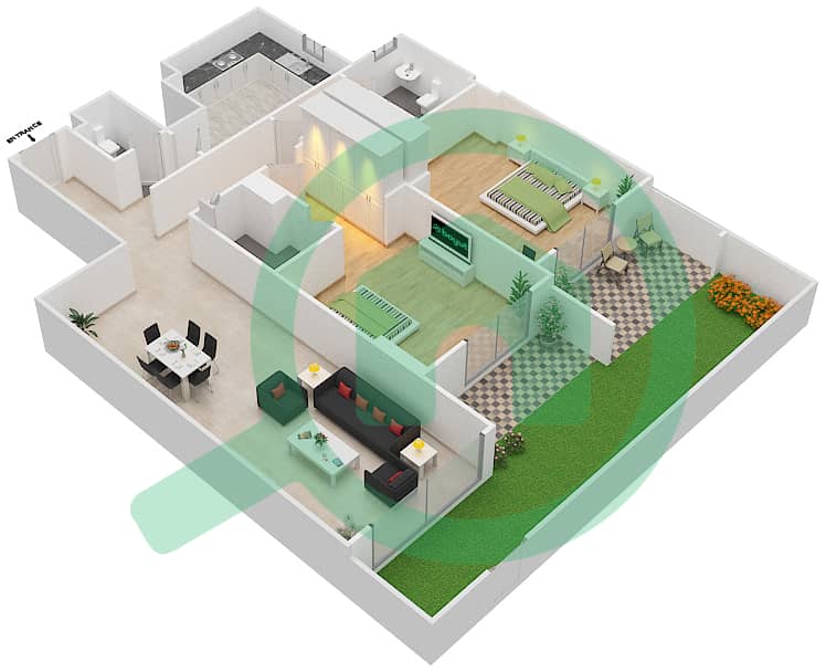 杰纳恩大道 - 2 卧室公寓单位2 A戶型图 Ground Floor interactive3D