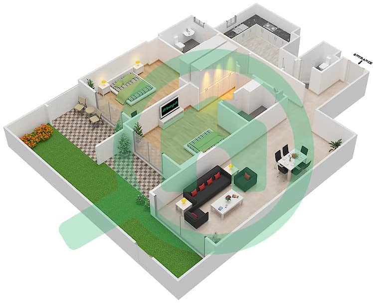 المخططات الطابقية لتصميم الوحدة 8 A شقة 2 غرفة نوم - جناين أفينيو Ground Floor interactive3D