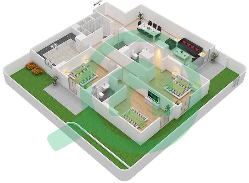 المخططات الطابقية لتصميم الوحدة 12 A شقة 3 غرف نوم - جناين أفينيو Ground Floor interactive3D
