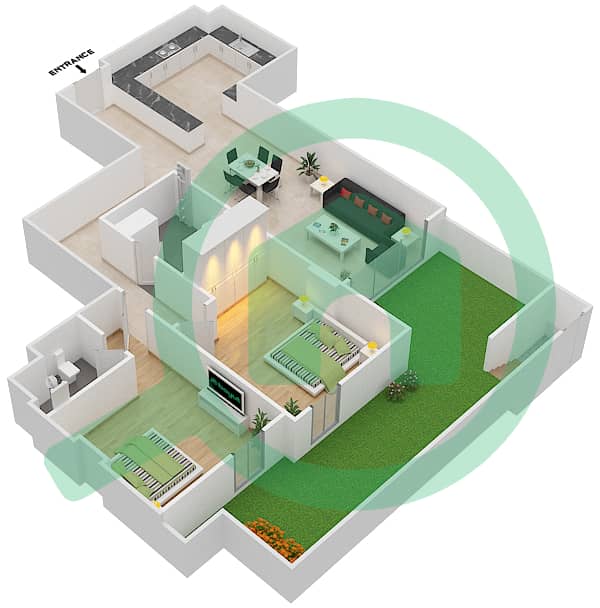 المخططات الطابقية لتصميم الوحدة 5 A شقة 2 غرفة نوم - جناين أفينيو Ground Floor interactive3D
