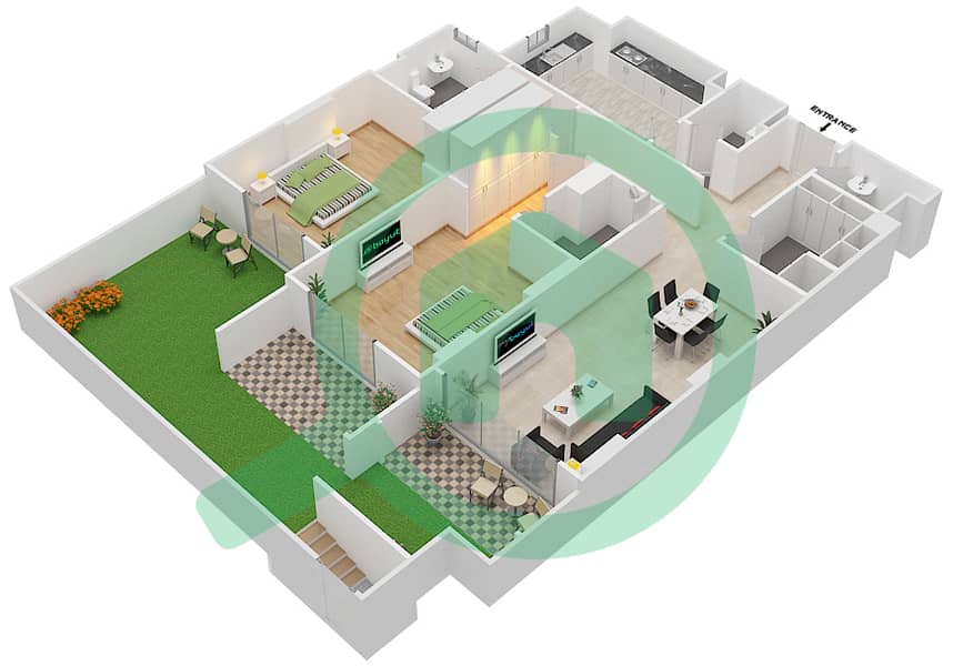 المخططات الطابقية لتصميم الوحدة 1 A GROUND FLOOR شقة 2 غرفة نوم - جناين أفينيو Ground Floor interactive3D