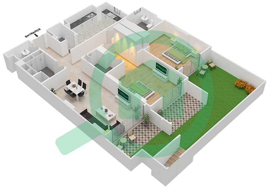 المخططات الطابقية لتصميم الوحدة 7 A شقة 2 غرفة نوم - جناين أفينيو Ground Floor interactive3D